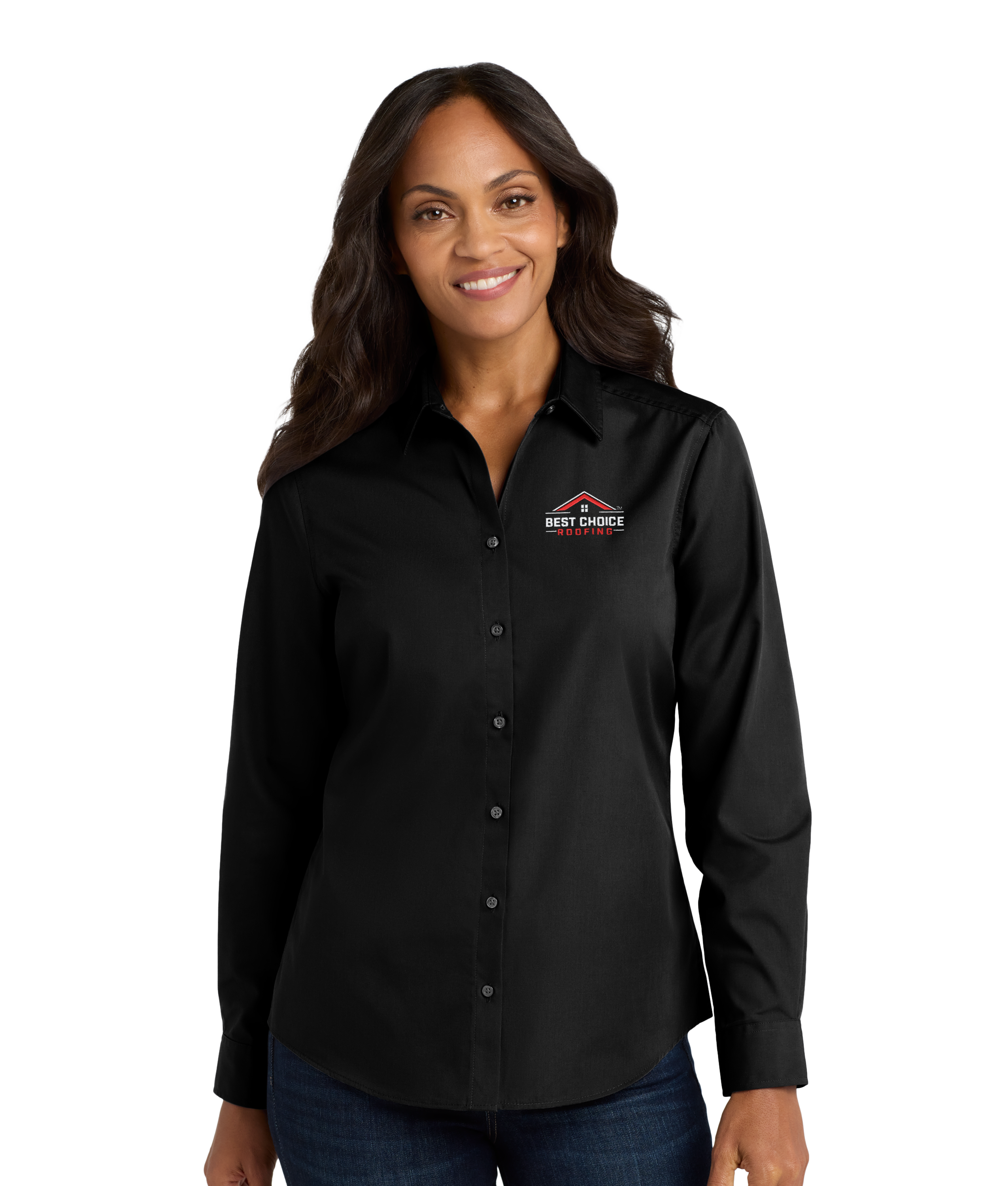 BCR Women's Long Sleeve Carefree Poplin Shirt - Black